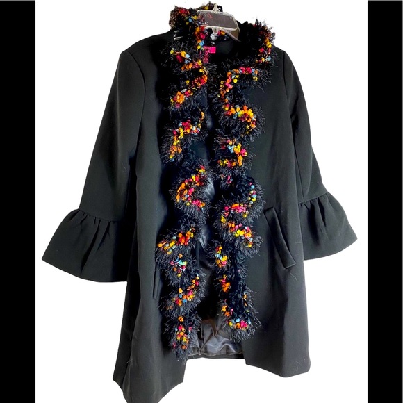 Catherine Malandrino black bell sleeve coat with handmade neck scarf size 8 - Picture 7 of 9